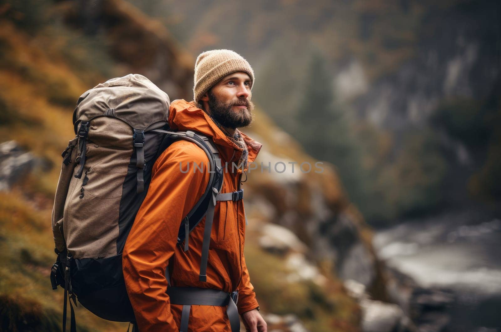 Man hiker backpack. Generate Ai by ylivdesign