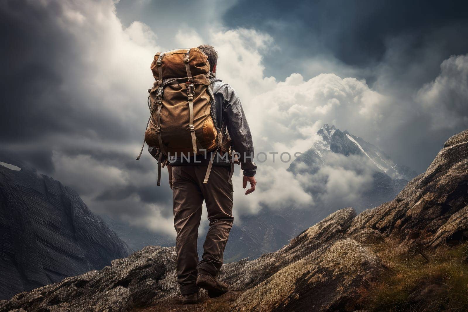 Resilient Man hiker backpack. Tourism trip. Generate Ai