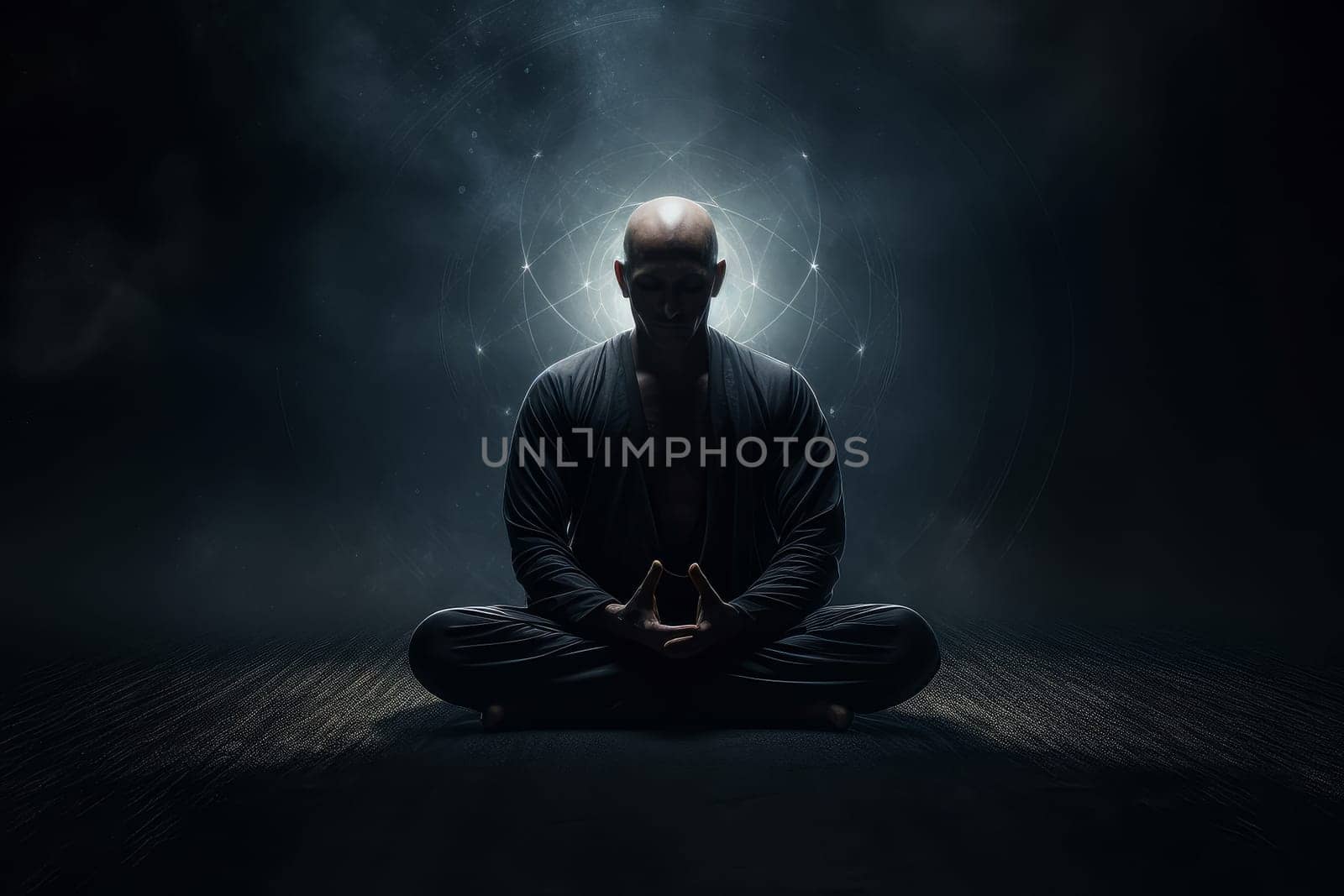 Man meditation dark. Generate Ai by ylivdesign