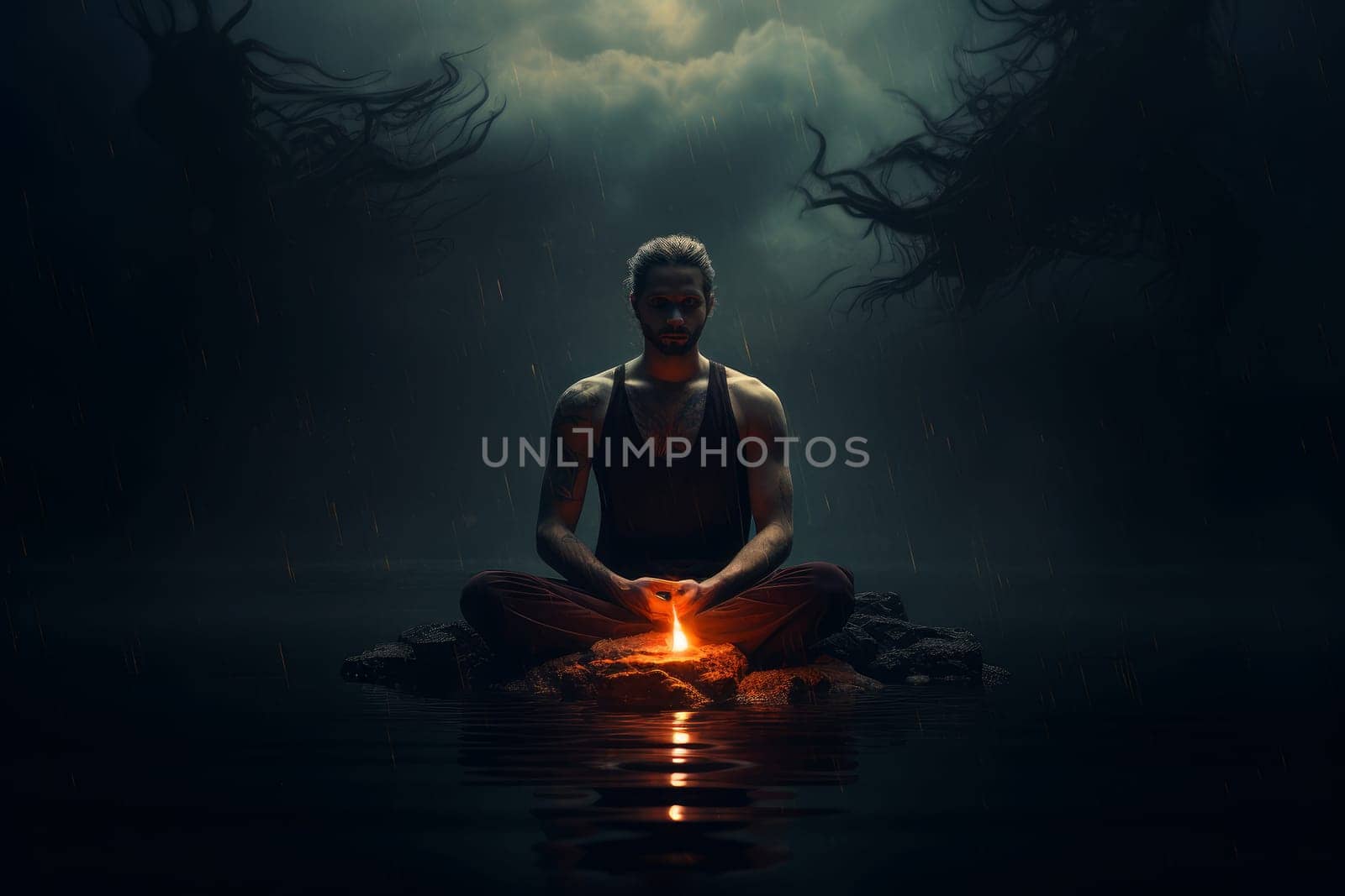 Serene Man meditation dark. Generate Ai by ylivdesign