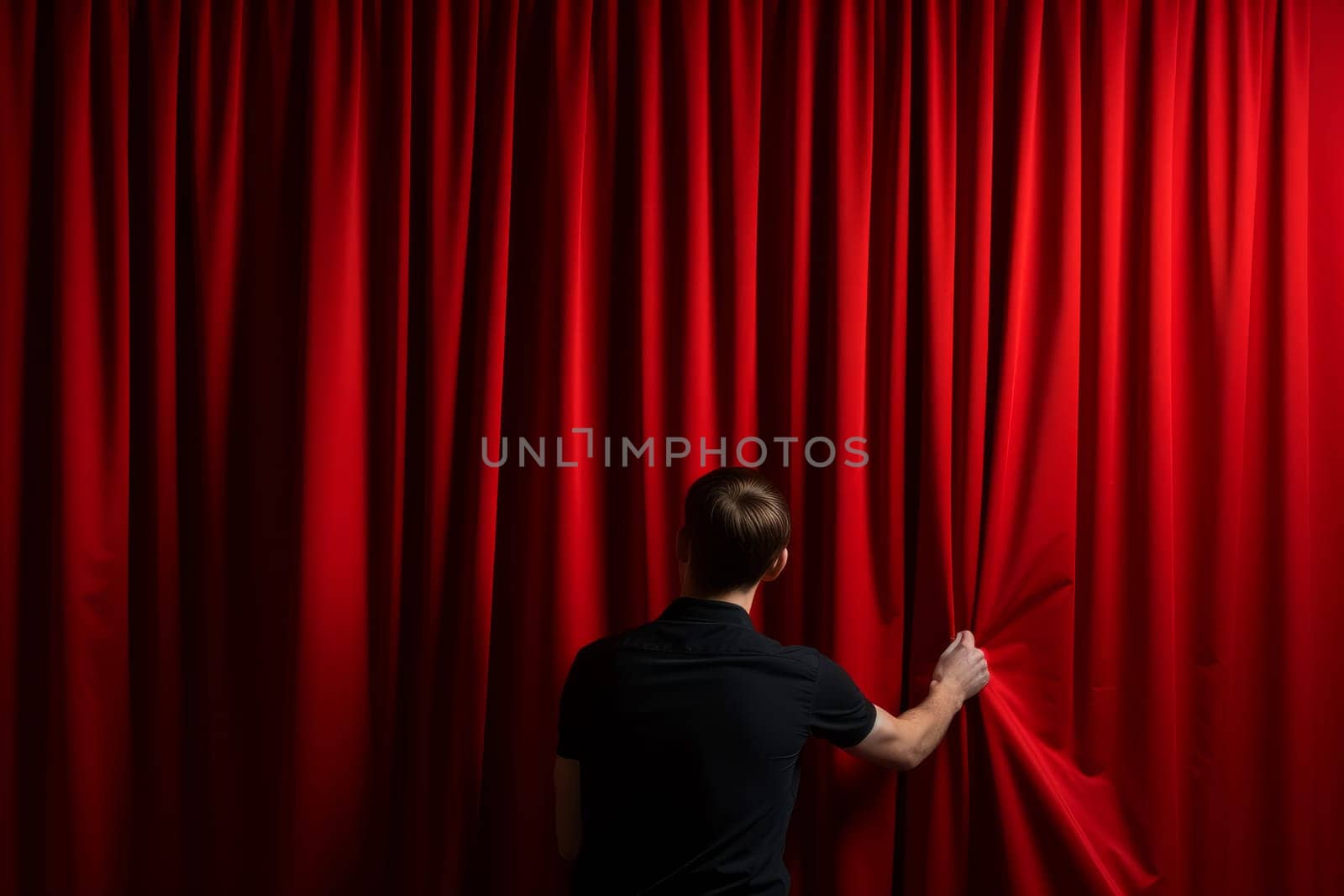 Curious Man open red curtains. Generate Ai by ylivdesign