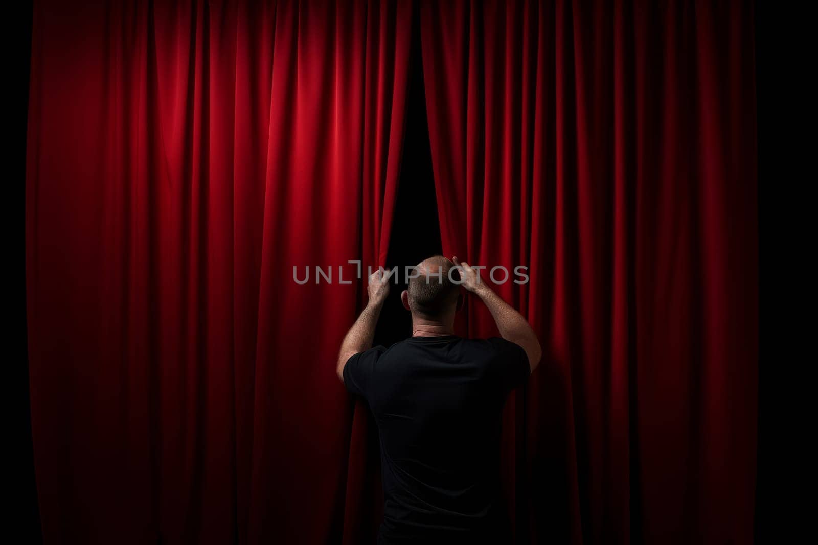 Determined Man open red curtains. Generate Ai by ylivdesign