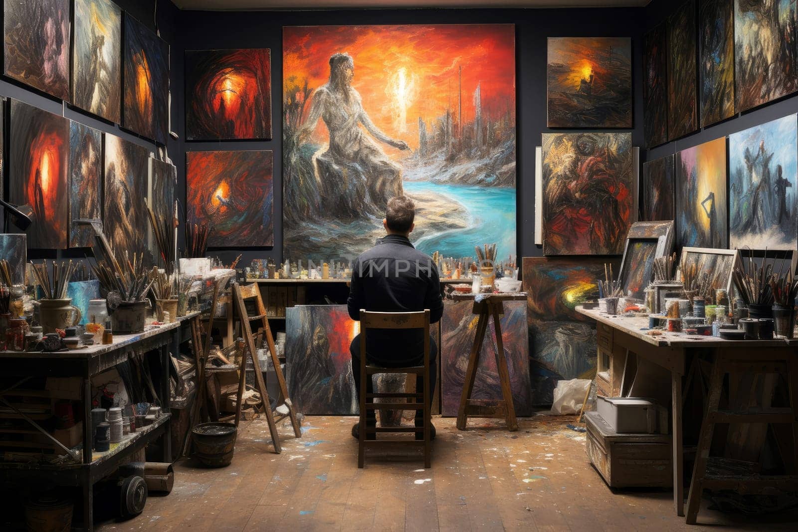 Artistic Man painting studio. Generate Ai by ylivdesign