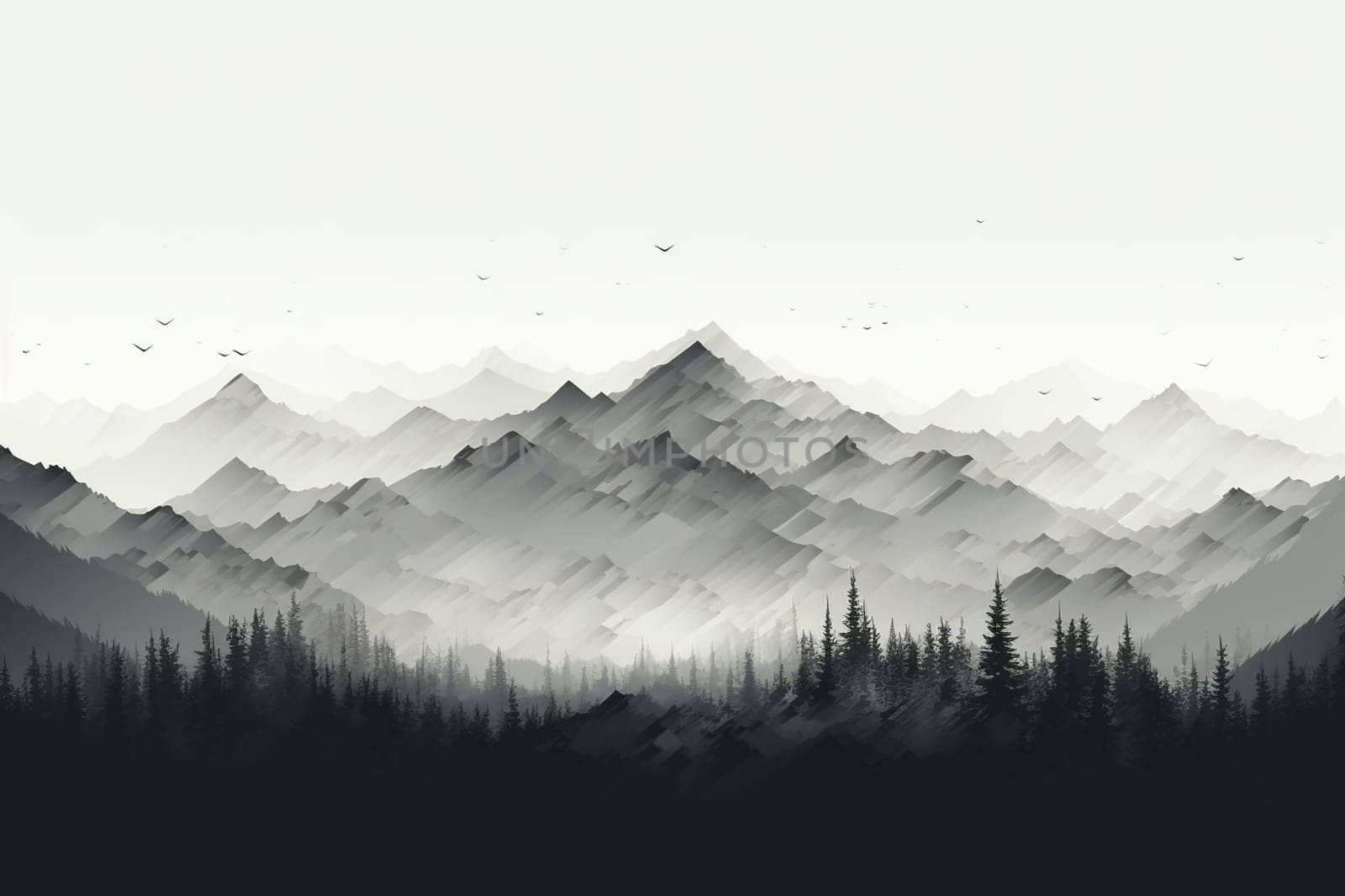Drawing of mountains in black and white. Horizontal mountain landscape.