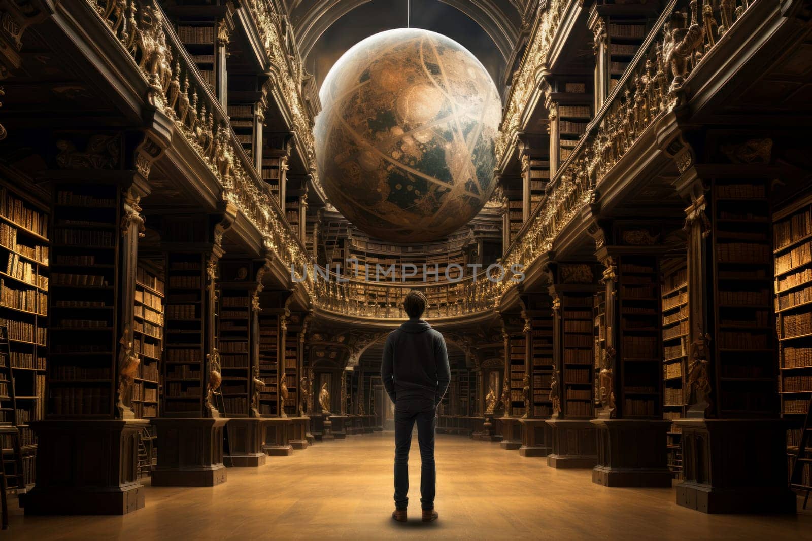 Man stand astrological library. Read space. Generate Ai