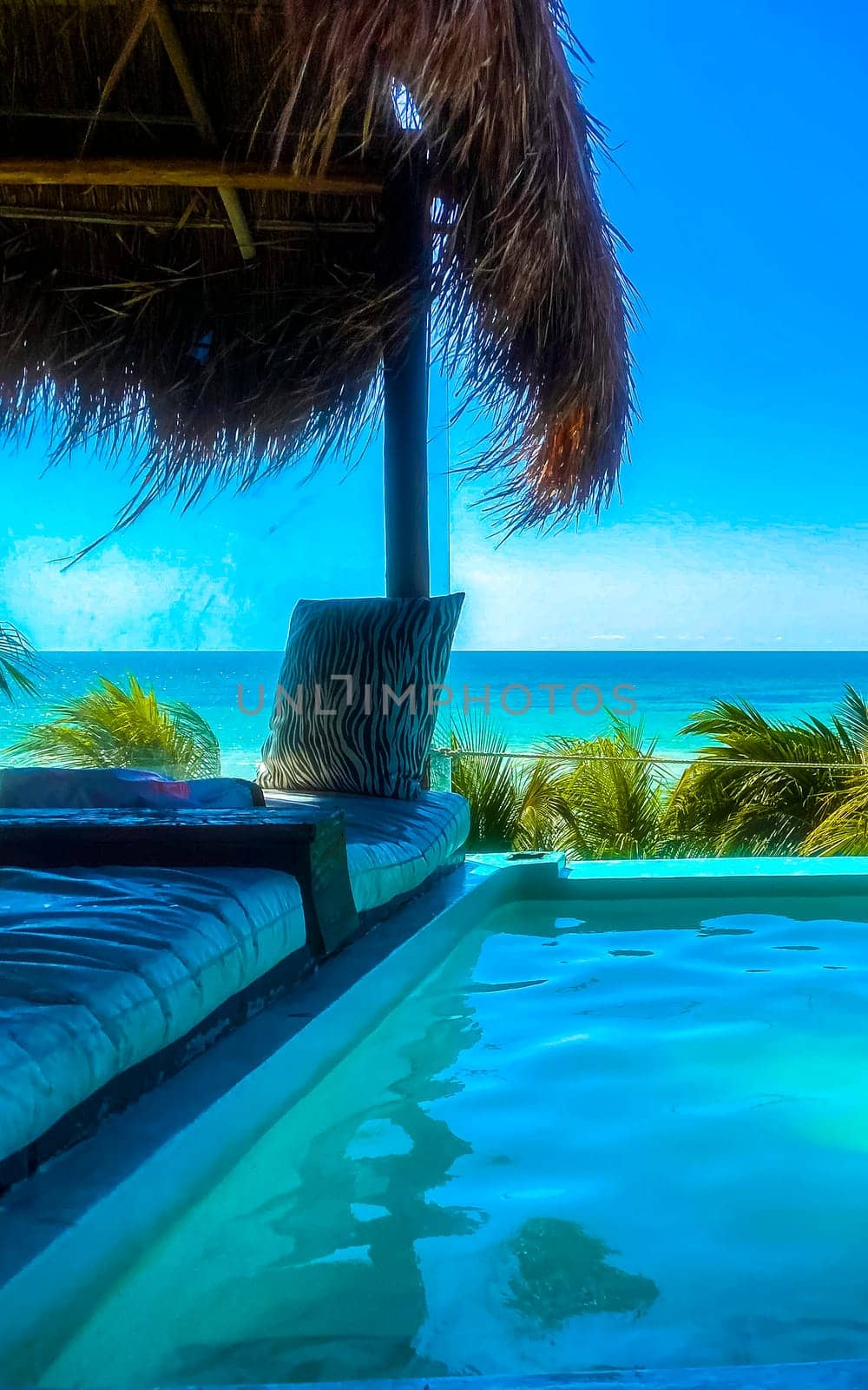 Rooftop bar with pool beach panorama view Holbox island Mexico. by Arkadij