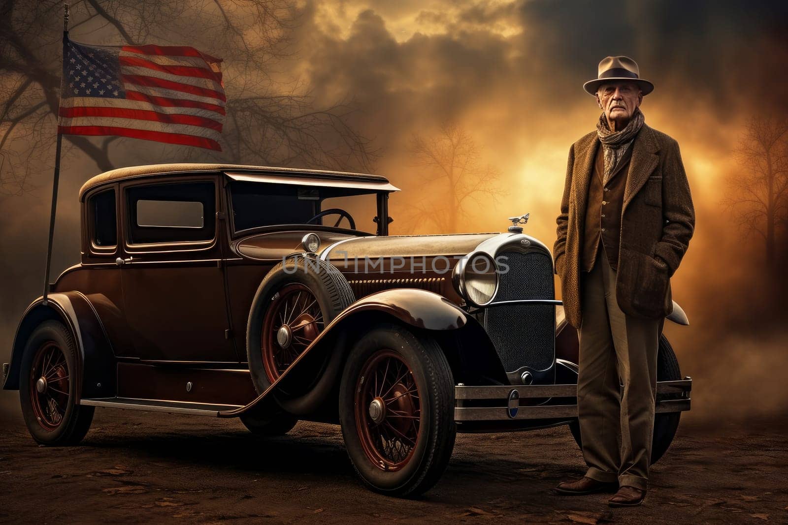 Stylish American man near vintage car. Old time. Generate Ai