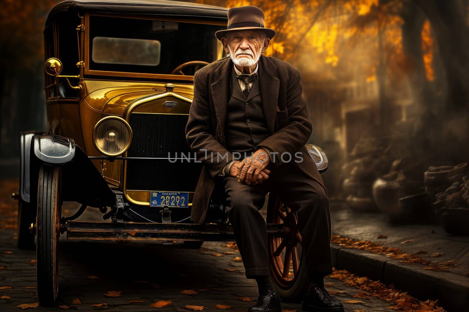 Charismatic American man near vintage car. Old time. Generate Ai