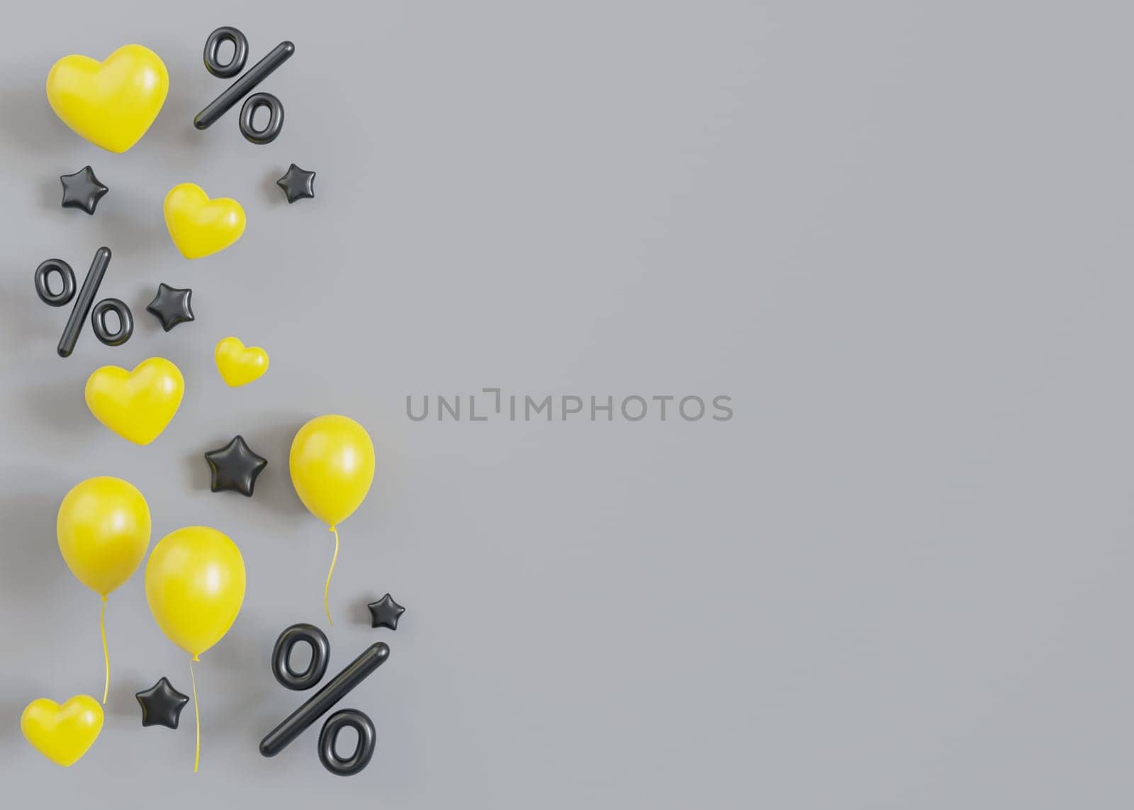 Gray background with discount signs, yellow balloons and hearts. Empty, copy space for promotion text. Percent symbols. Sale, special offer, good price, deal, shopping. Sale off. Black Friday. 3D