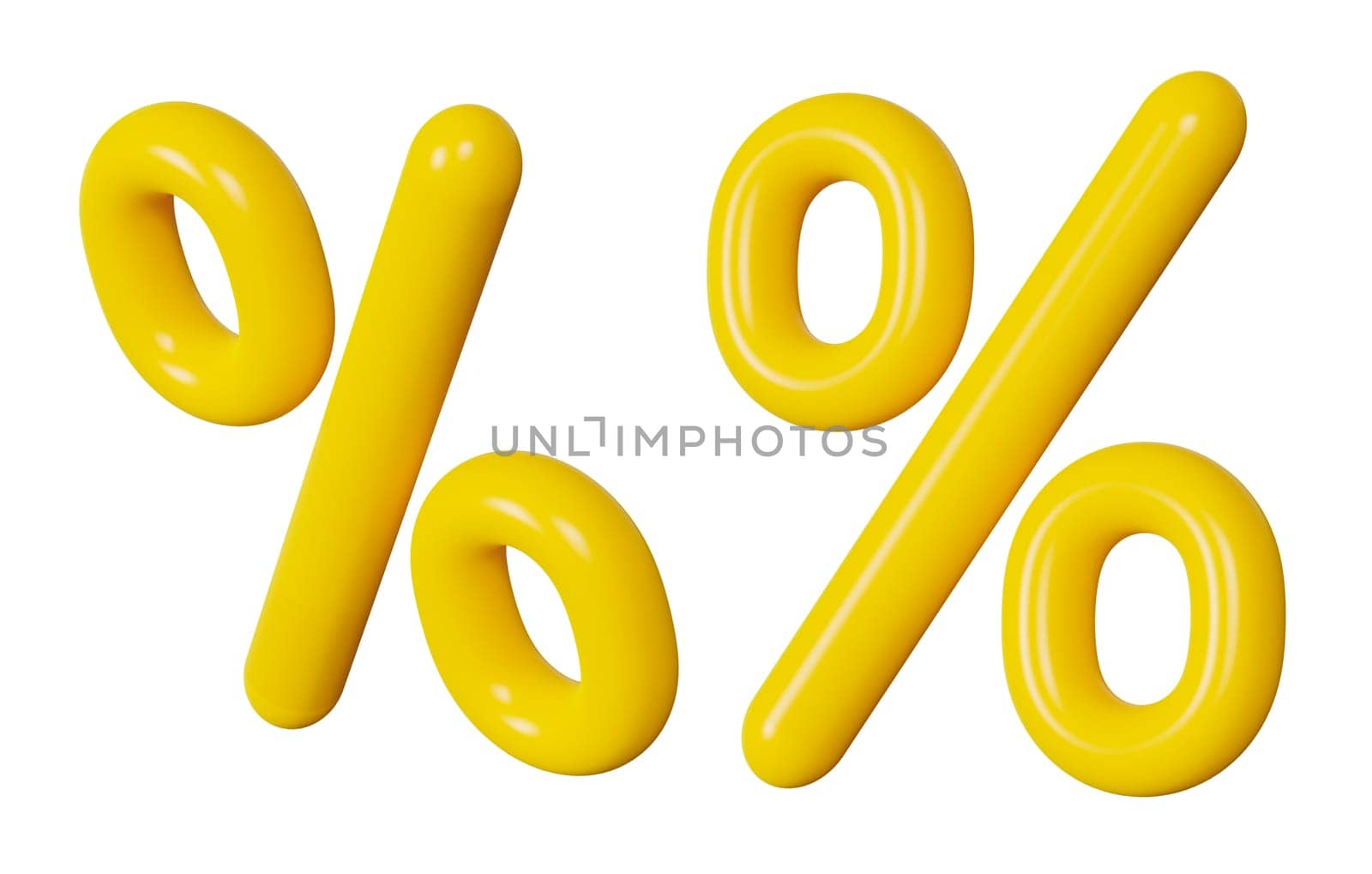 Yellow percent signs isolated on white background. 3D discount symbols set. Sale promotion, special offer, good price, deal, shopping. Cut out elements, group. Sale off promotion. Percentage. 3D