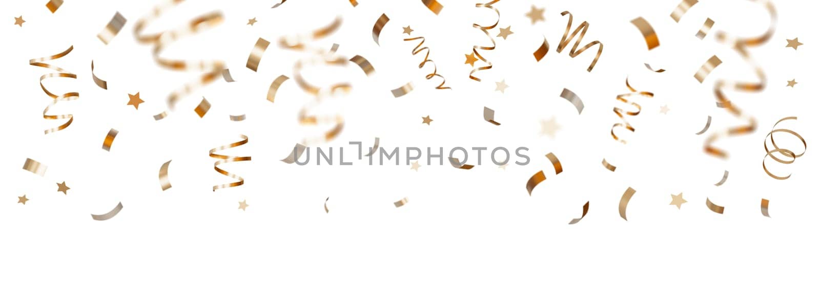 Elegant golden confetti and stars isolated on white, clean background, perfect for celebration themes, festive decorations, holiday sales, and jubilant event promotions. Shiny particles. Header. 3D