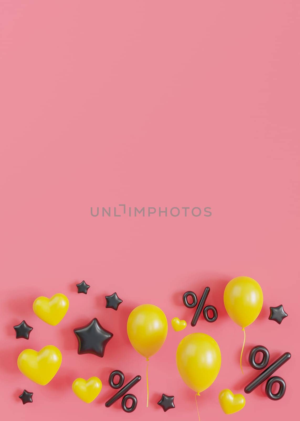 Black percentage symbols and yellow balloons on a soft pink backdrop, perfect for festive promotions, special events, and sales marketing materials. Vertical background with empty space for text. 3D