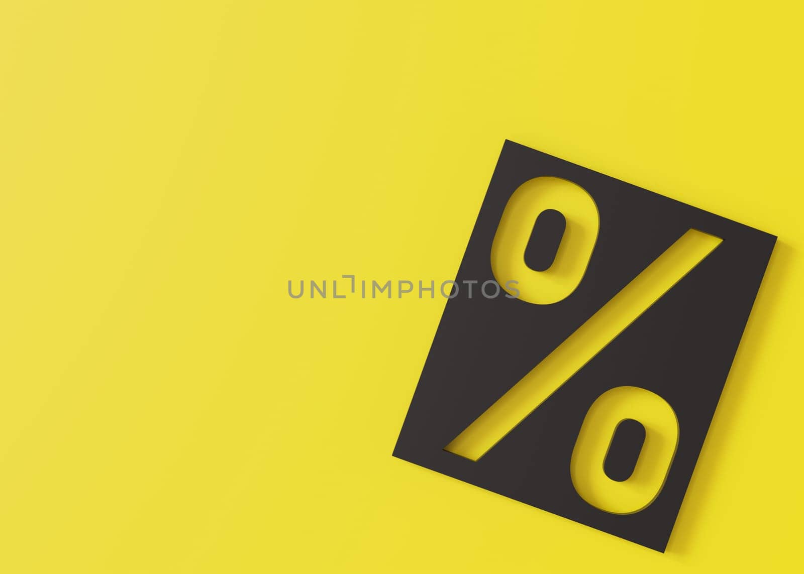 Bold percentage sign on a striking yellow background, ideal for advertising sales, promotions, Black Friday deals, and discounts in eye-catching marketing materials. Empty space for text. 3D