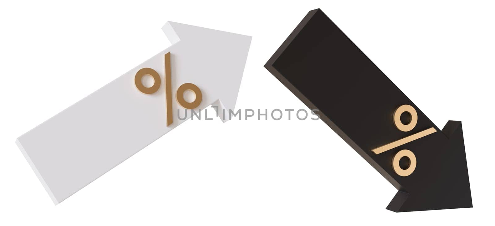 Arrows with percentage symbols in white and black, symbolizing economic trends, perfect for financial, sales, and promotional materials. Arrow with percent sign, isolated on white background. 3D