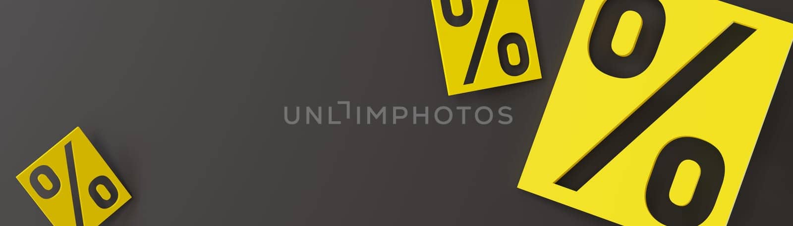 Dynamic yellow percentage signs on a dark backdrop, ideal for creating eye catching sales banners, promotional graphics, and advertising material for discounts and savings events. Panoramic banner. 3D