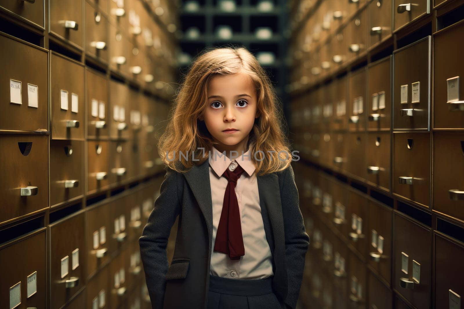 Cute small girl. Archivist filing cabinets. Generate Ai