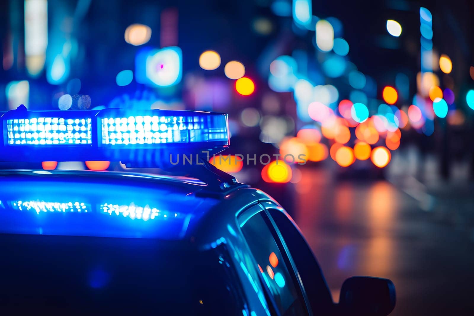 police car lights at night in city street with selective focus and bokeh. Neural network generated image. Not based on any actual person or scene.