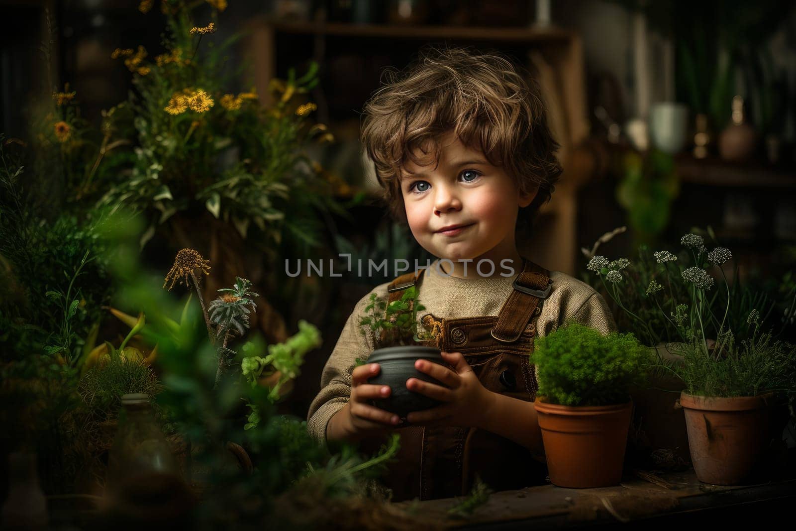 Vibrant Botanic plants child boy. Jungle decoration. Generate Ai