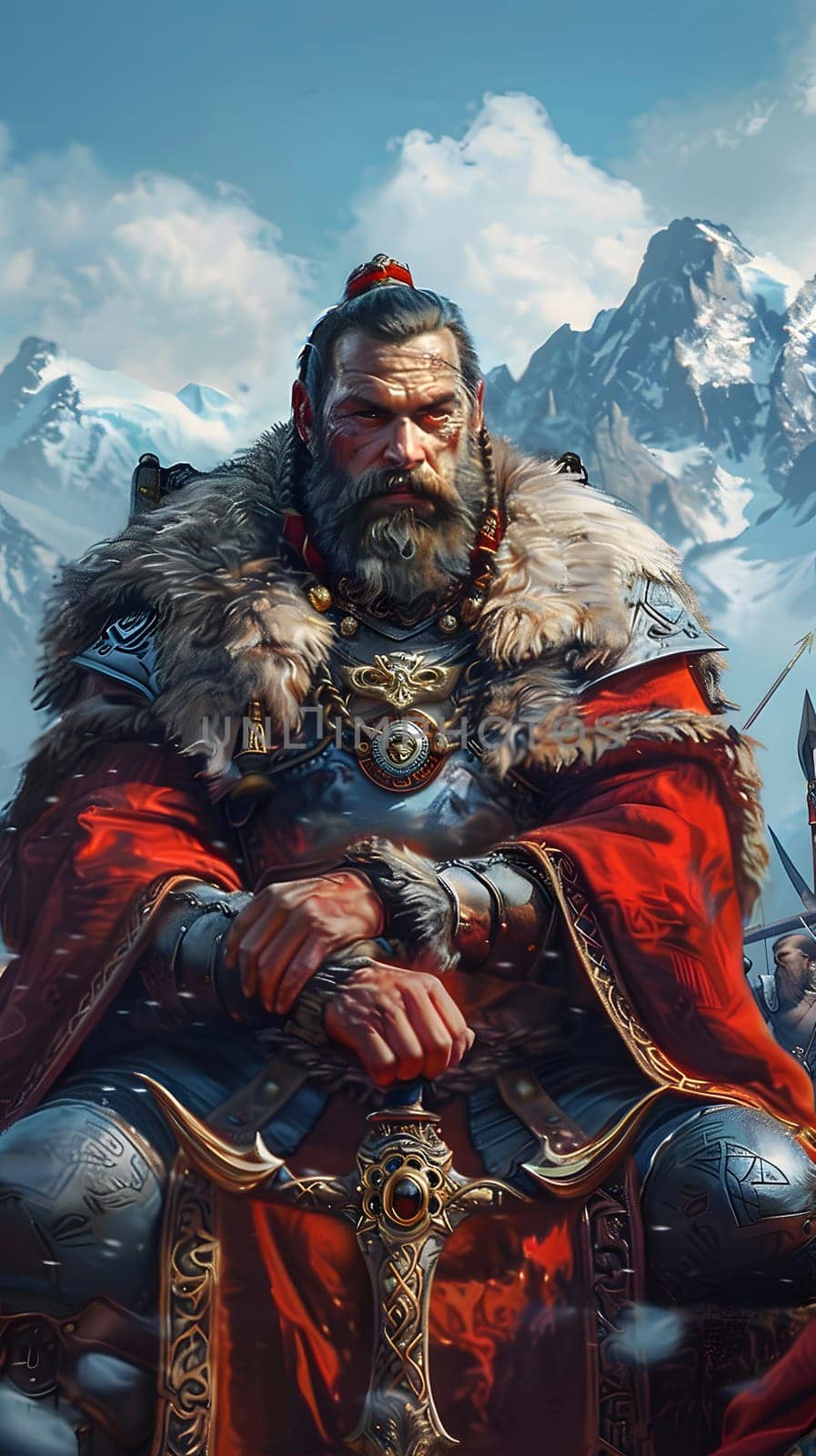 A bearded man in armour sits on a throne against a snowy mountain backdrop. His cape billows in the wind under a cloudy sky, creating a majestic landscape straight out of mythology