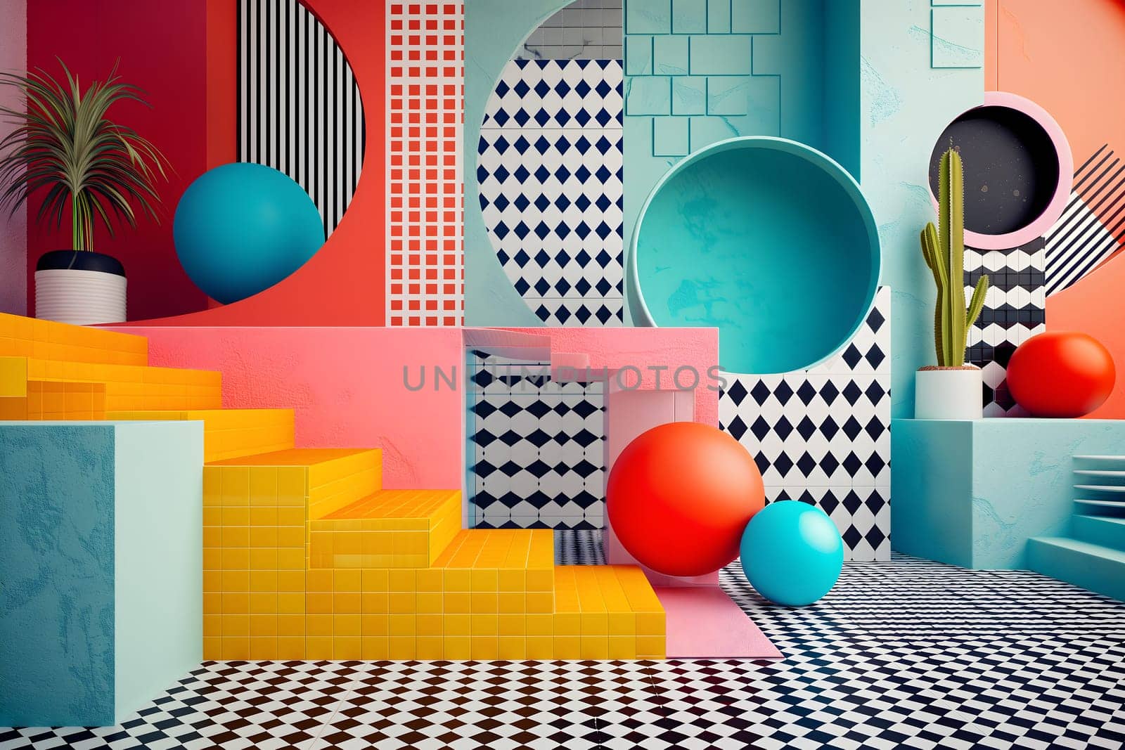 abstract background of playful convergence of 2D pop-art graphics and 3D geometric shapes creating a vibrant multiverse portal, embodying high-energy and big-impact visuals by z1b