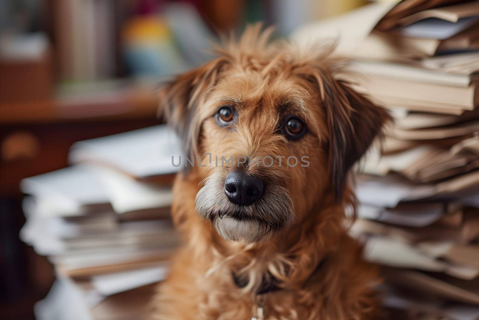 dog in an office, overwhelmed by a mountains of paperwork. Neural network generated in January 2024. Not based on any actual scene or pattern.