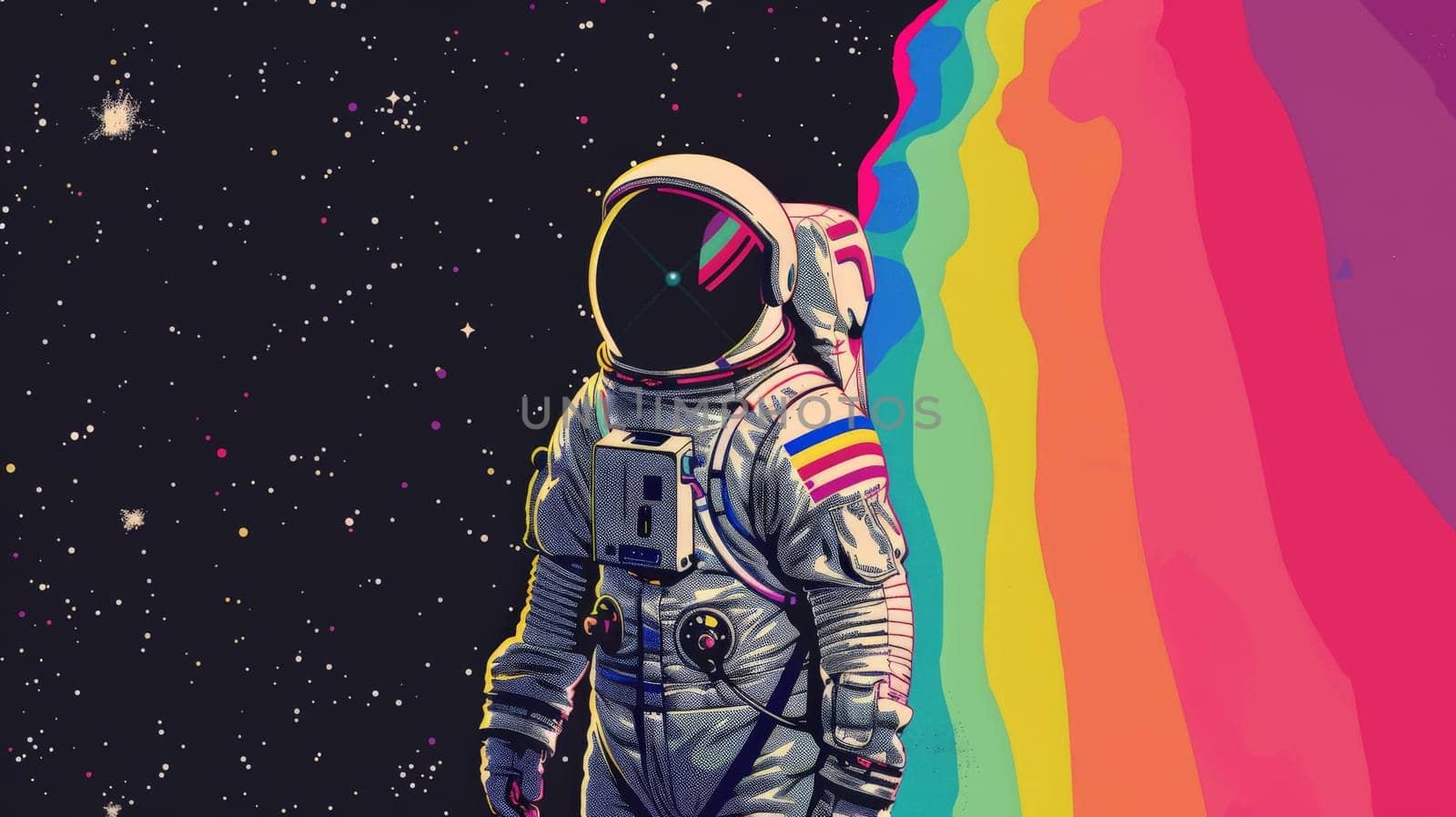 Abstract wallpaper of an astronaut in space with rainbow, Colorful art of astronaut in the space by nijieimu