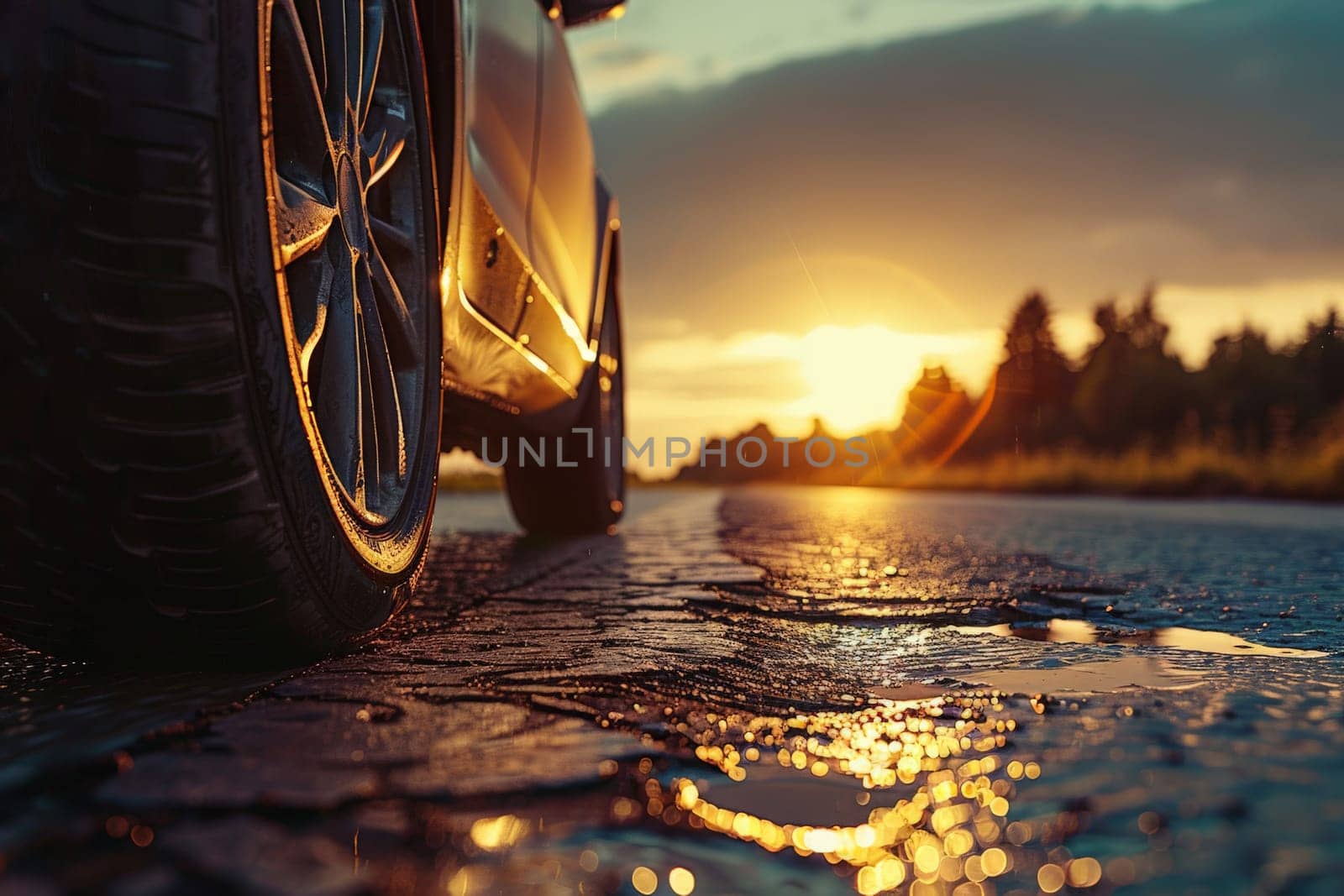 Car on asphalt road in summer, A car is parked on a road with trees in the background..