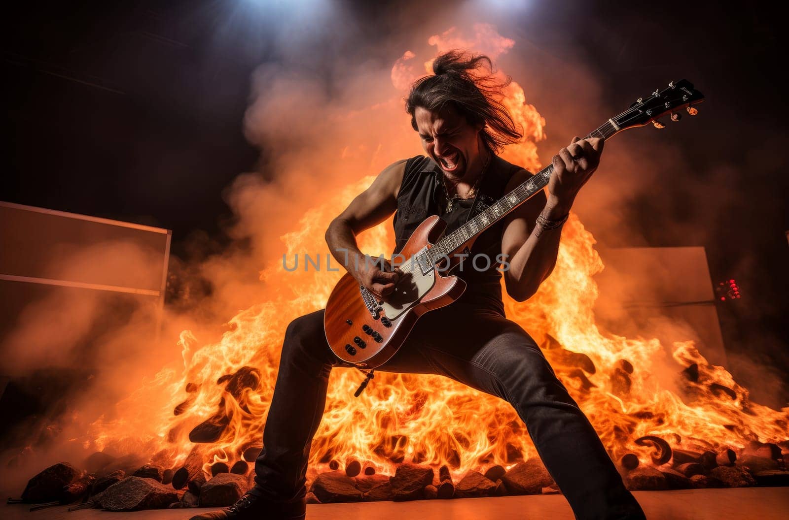 Fiery Guitarist take on fire. Rock stage music. Generate Ai