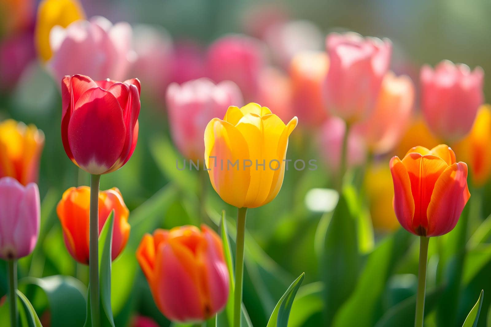 Beautiful Spring Nature background with tulip Flowers, selective focus. Vivid colors. Neural network generated in January 2024. Not based on any actual scene or pattern.