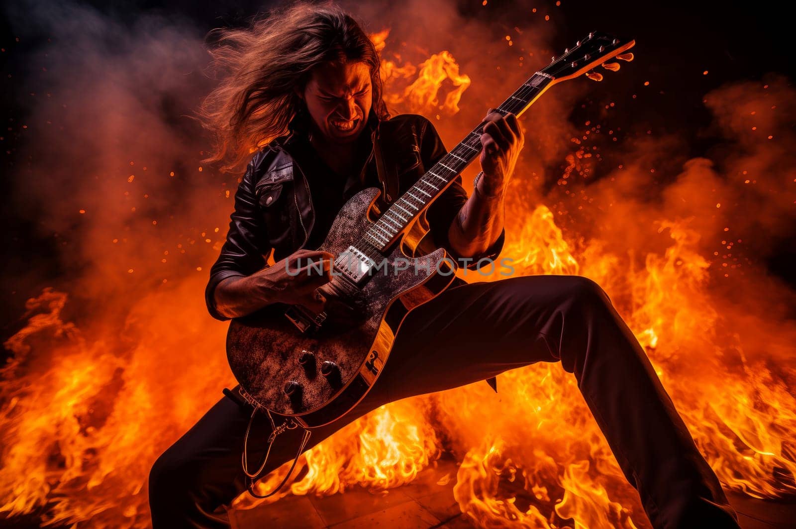 Dynamic Guitarist take on fire. Rock stage music. Generate Ai