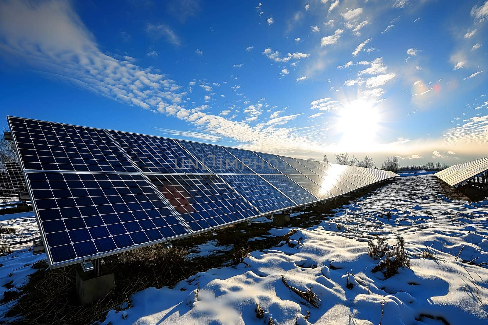 Photovoltaic solar panels in the field at sunny winter day. Neural network generated in January 2024. Not based on any actual scene or pattern.