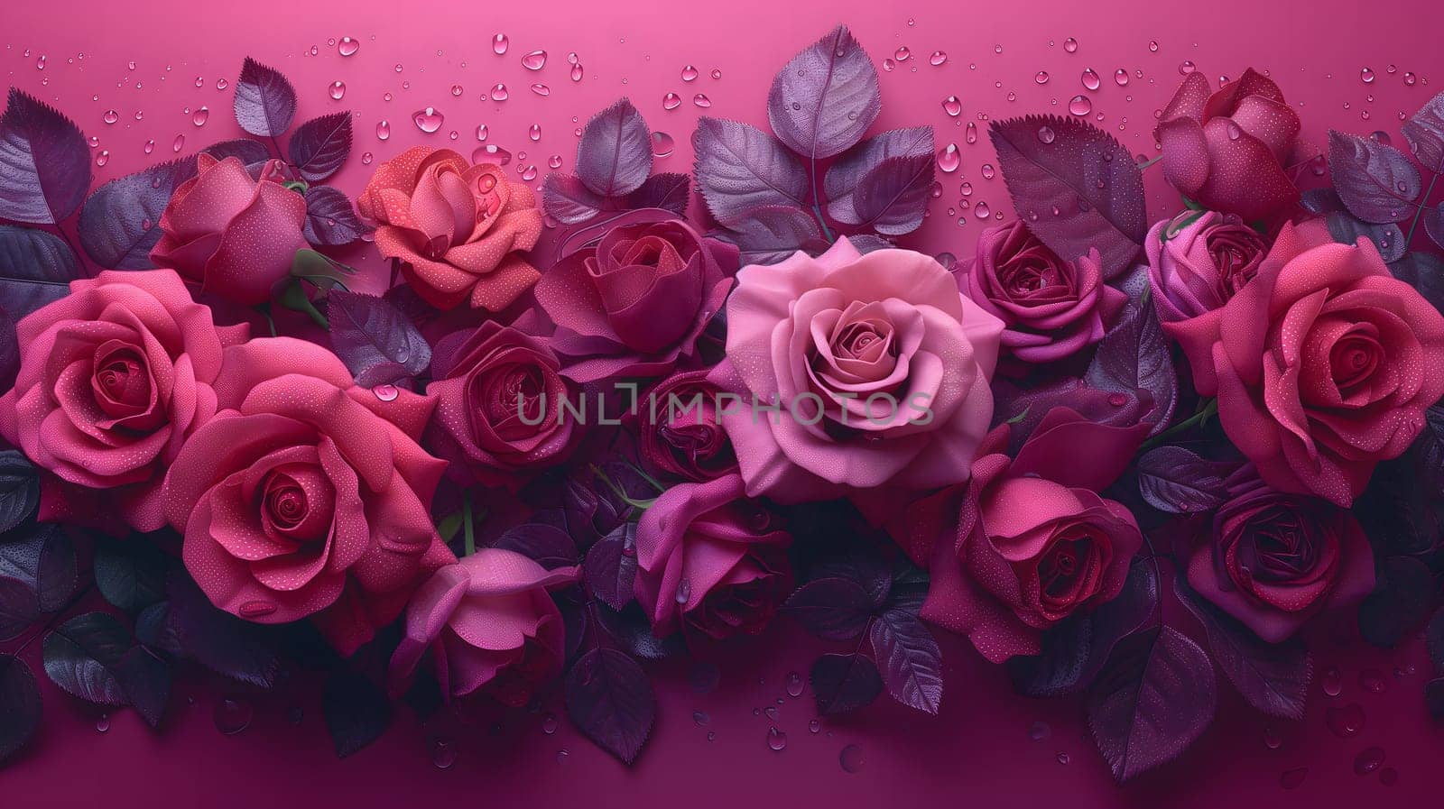A lush bouquet of pink roses with dew drops. Neural network generated image. Not based on any actual person or scene.