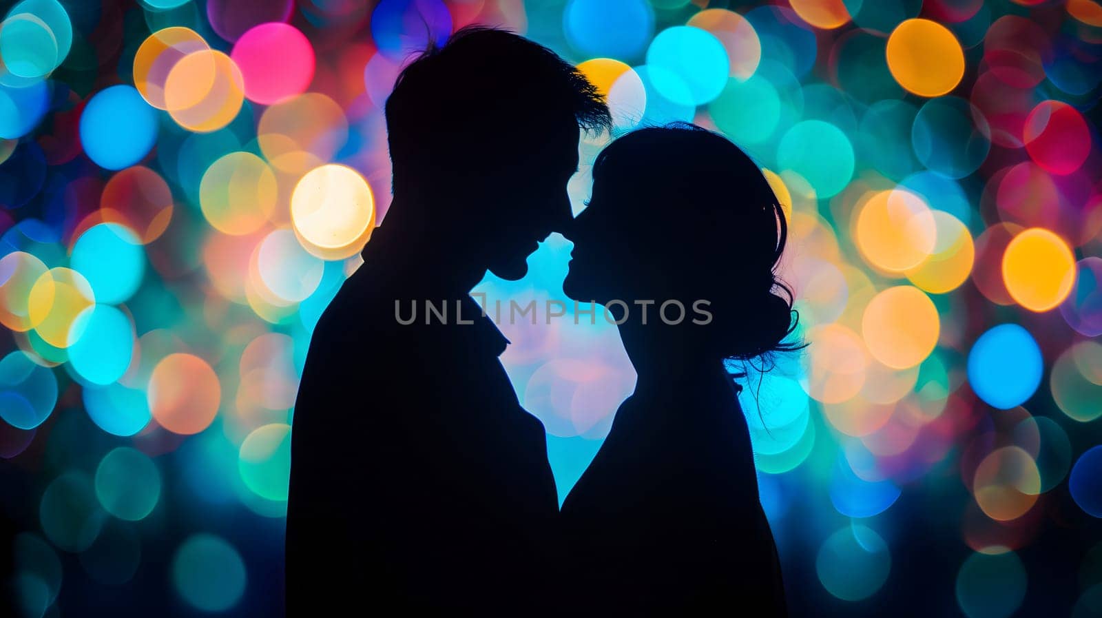 Silhouette of a couple with a colorful bokeh background. Neural network generated image. Not based on any actual person or scene.