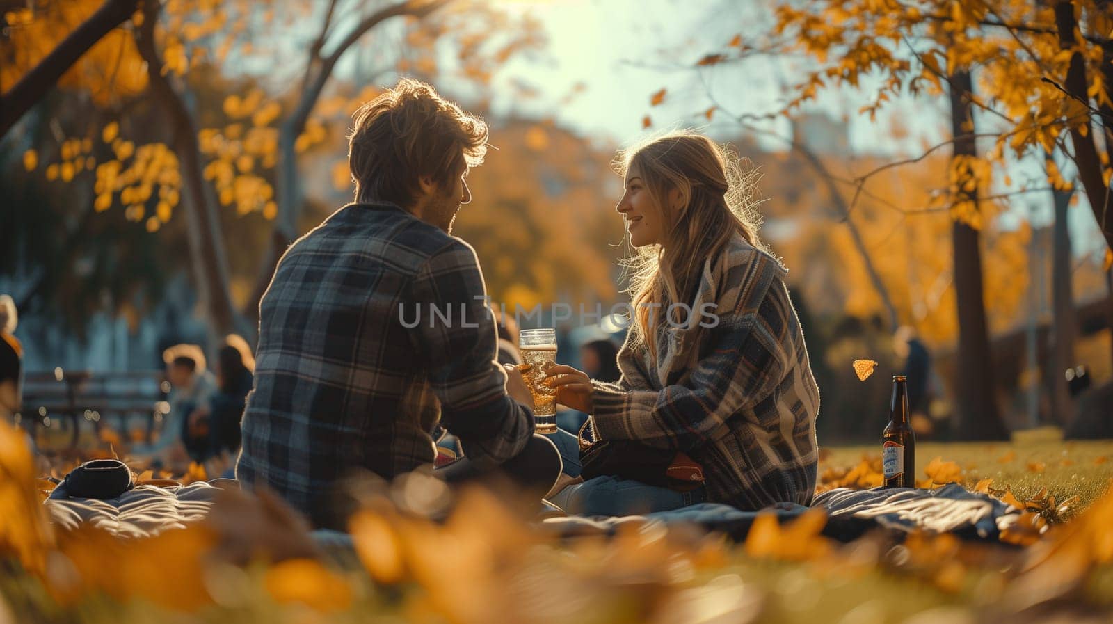 A loving couple on a date on a picnic on the lake. Young man and woman sit on a blanket with wine and fruits near the water in the park in autumn. A young family is celebrating an anniversary. by Andelov13