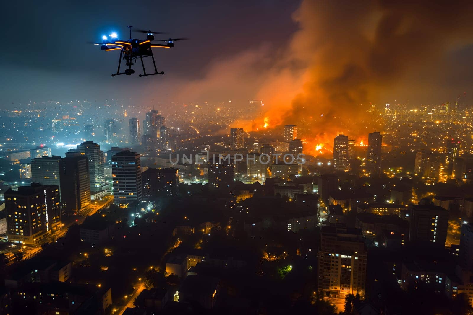 Copter drone over burning city at night by z1b