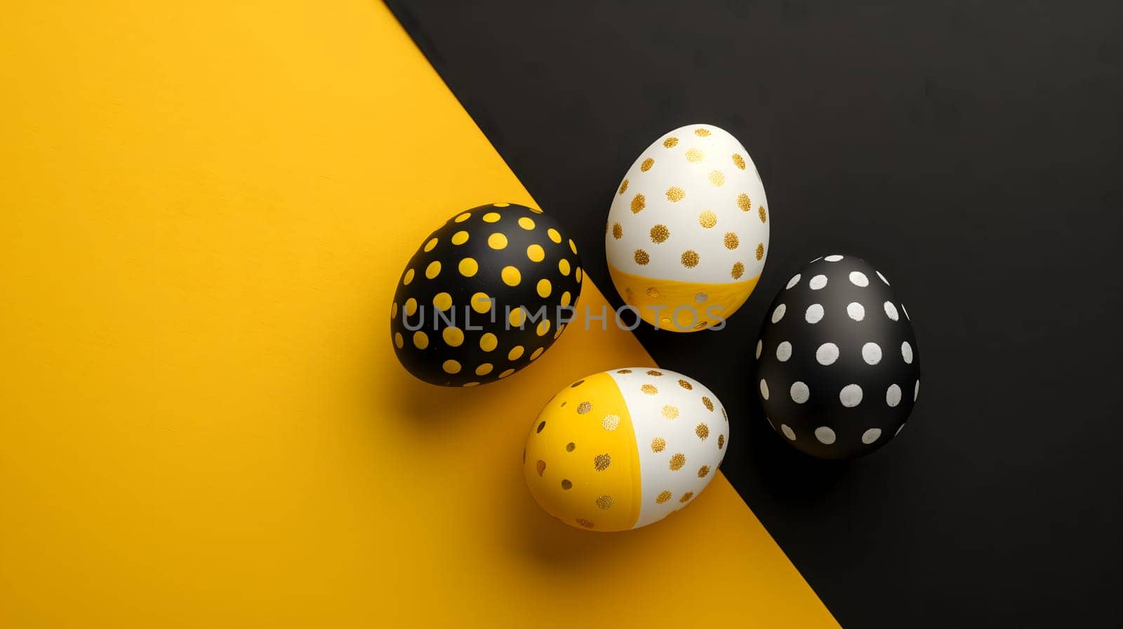 Golden, black, white Easter eggs on a yellow-black background. geometry. Minimal concept. View from above. Neural network generated image. Not based on any actual scene or pattern.