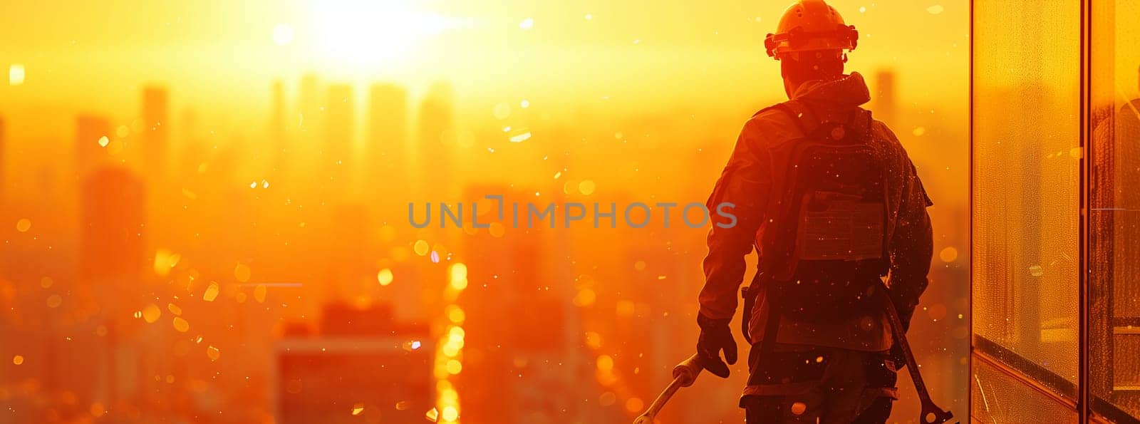 The double exposure image of the engineer standing on the rooftop overlay with cityscape image and. The concept of engineering, construction, city life and future. High quality photo