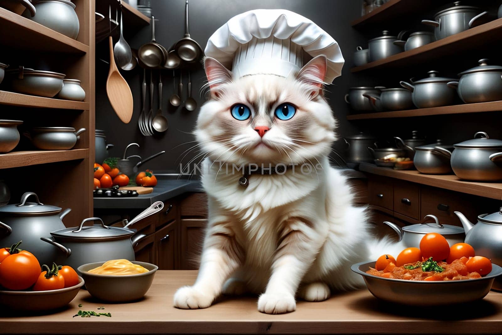 housewife cat in the kitchen preparing food. Image generated by AI.