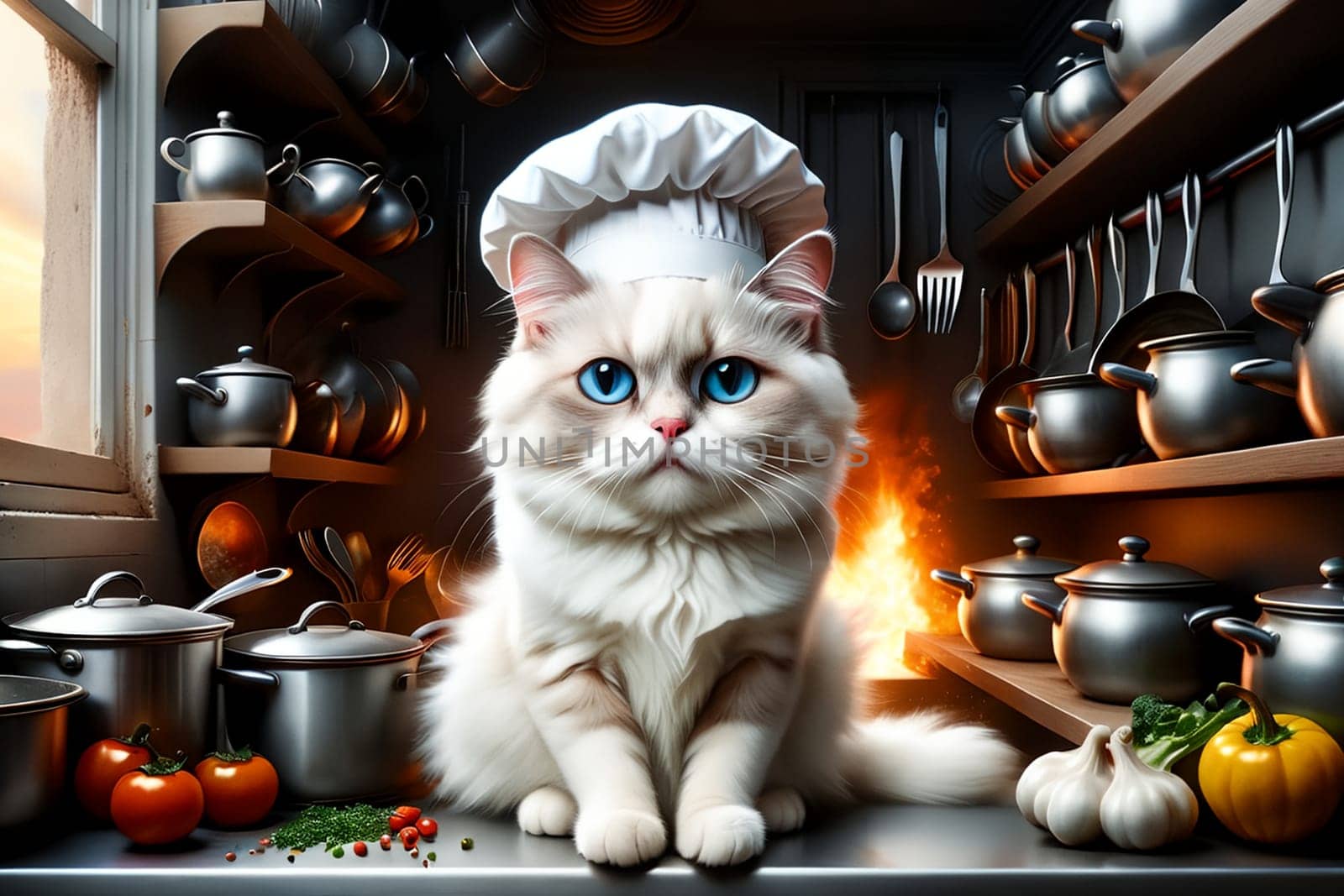 housewife cat in the kitchen preparing food. Image generated by AI.