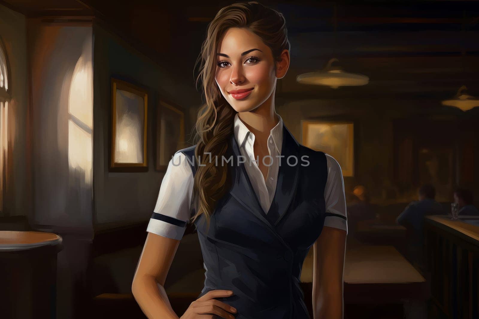 Distinctive Hostess uniform. Model young woman. Generate Ai