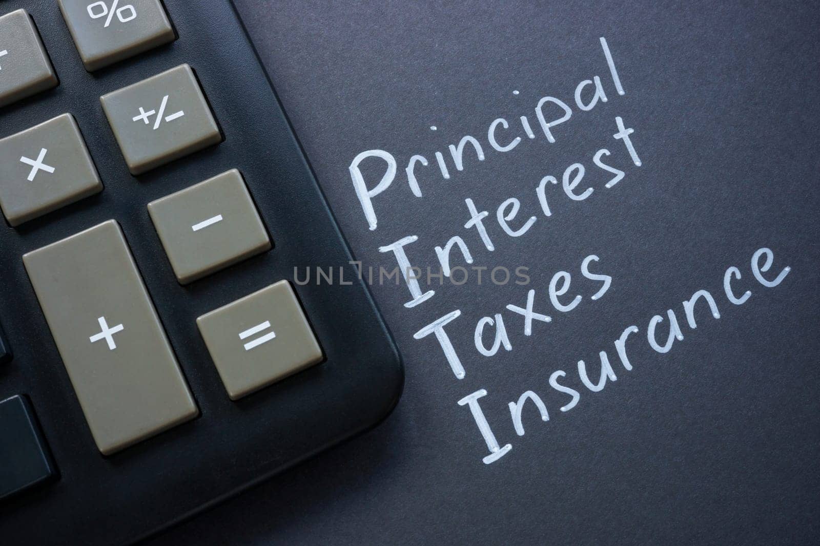 Dark calculator and abbreviation PITI Principal interest taxes insurance.