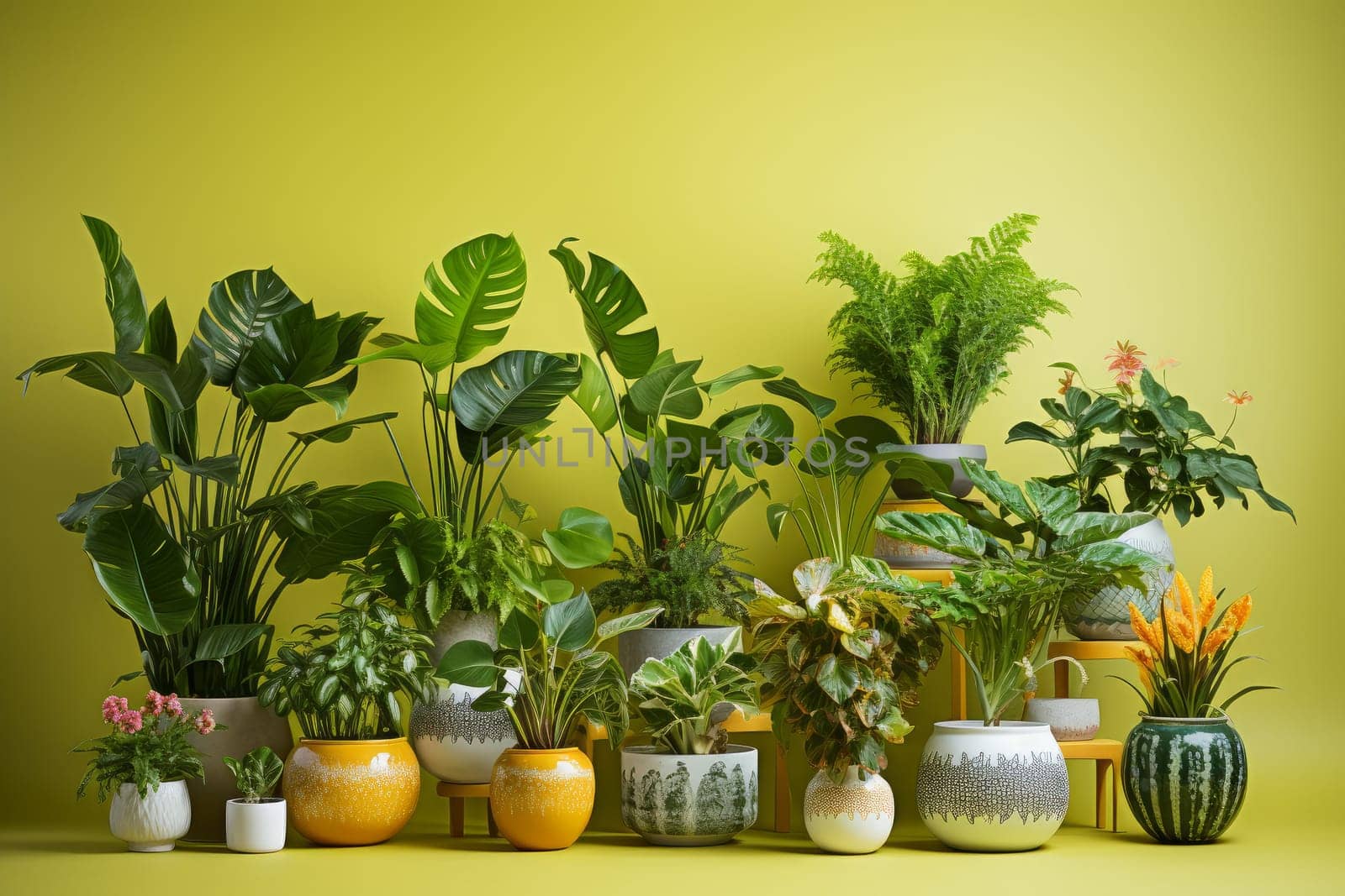 Attractive Houseplants ceramic pots. Tropical leaves. Generate Ai