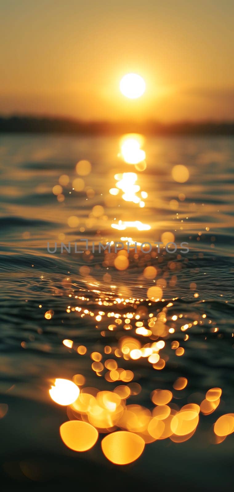 Sunset bokeh on water: golden sky over a body of water, with the light reflecting and creating a bokeh effect.. Neural network generated image. Not based on any actual scene or pattern.