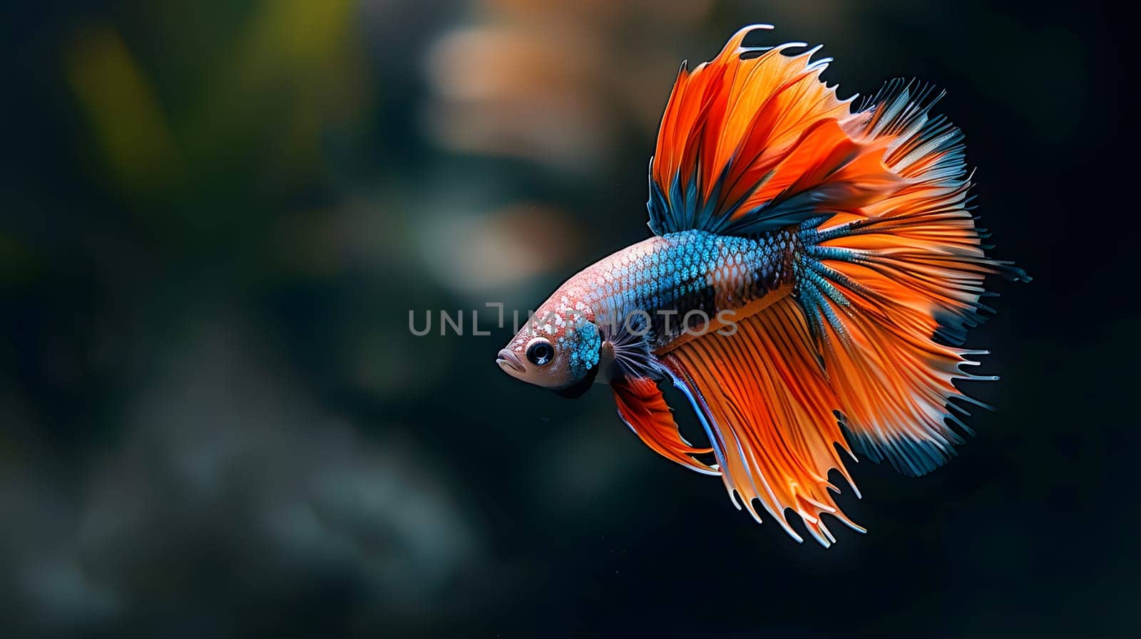 A vibrant betta fish, with colorful fins and tail, gracefully swims underwater among plants, its eye catching the sunlight as it moves like a beautiful pollinator in the marine biology world