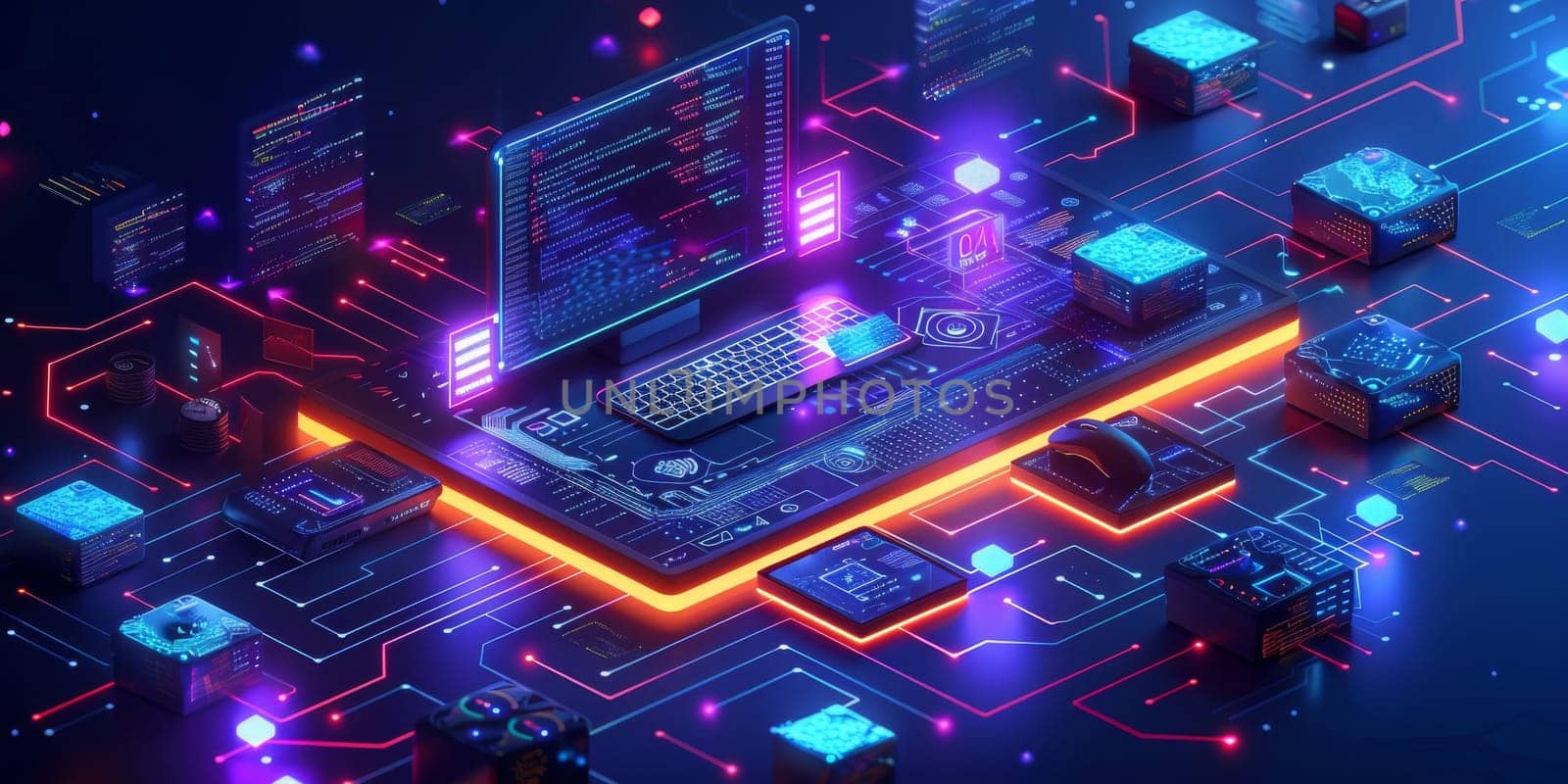 Digital technology, software development concept. Coding programmer, software engineer working on laptop with circuit board and javascript on virtual screen, internet of things IoT.