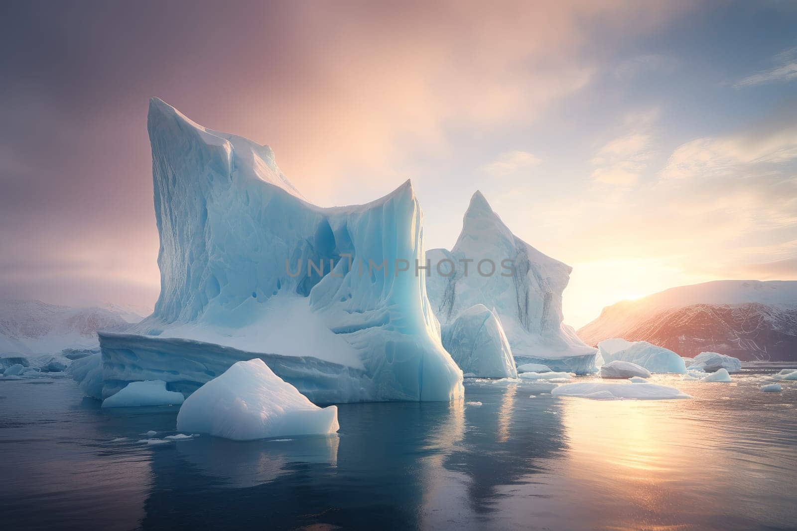 Awe-inspiring Ice land with icebergs. Generate Ai by ylivdesign