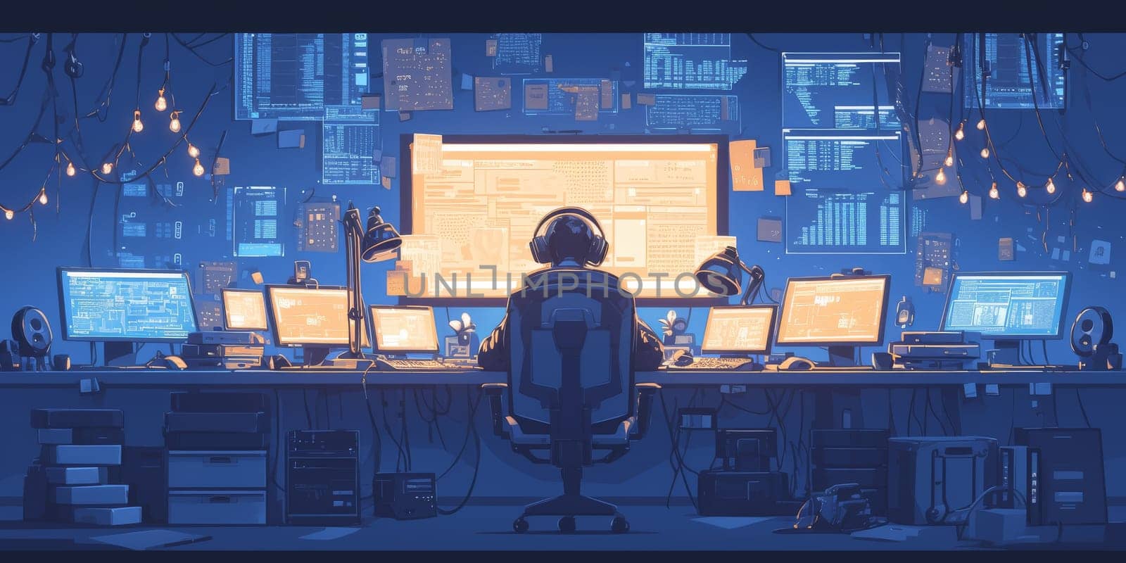 Digital technology, software development concept. Coding programmer, software engineer working on laptop with circuit board and javascript on virtual screen, internet of things IoT.