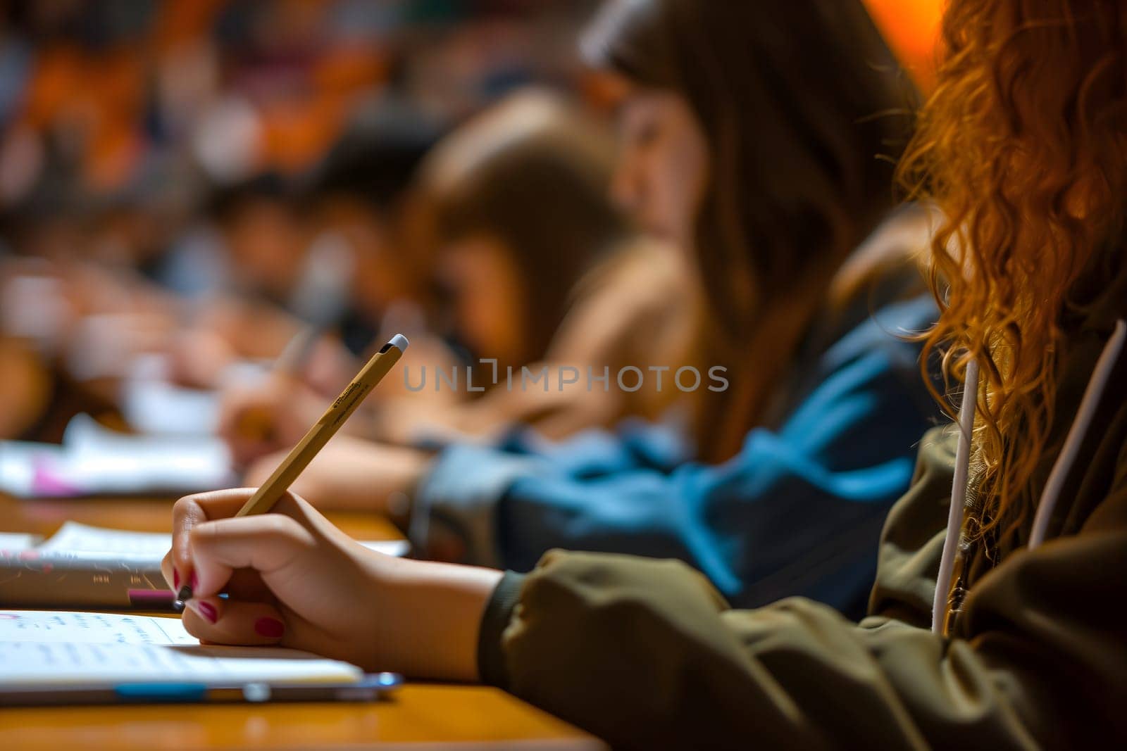 Close up, concept of students studying in a classroom lecture. Neural network generated image. Not based on any actual scene or pattern.