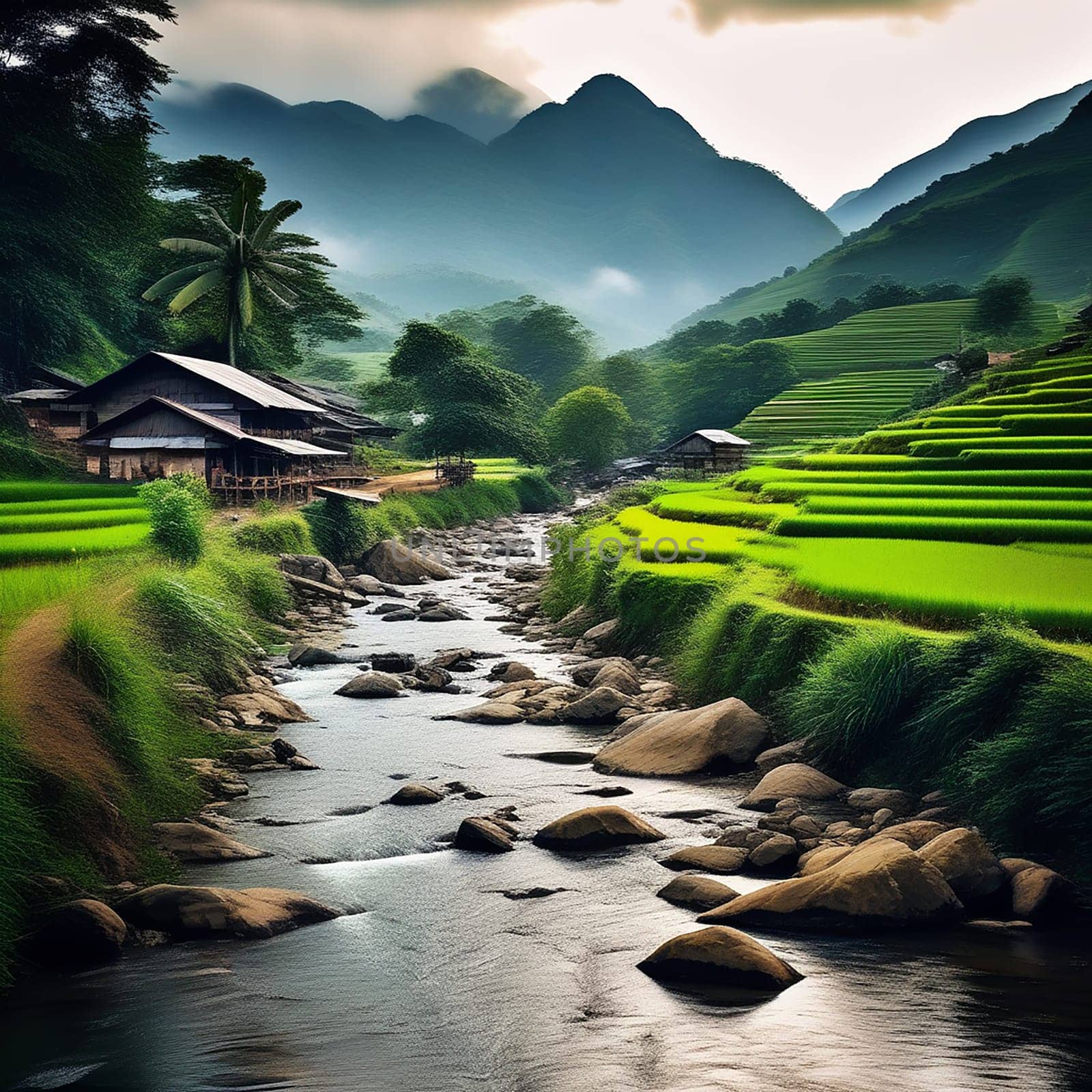 Wet Vietnam Mountain Stream Flows Through Rural Landscape by Petrichor