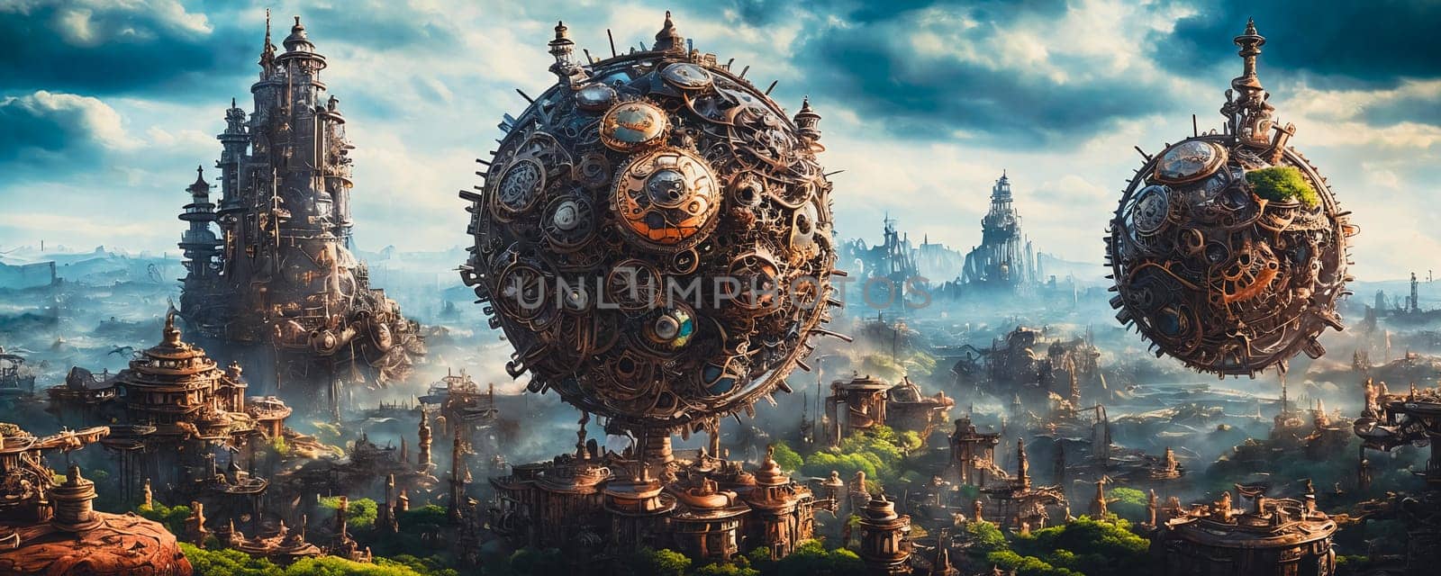 Clockwork Steampunk Planet. A planet that blends fantasy and machinery, featuring colossal, intricately detailed clockwork structures, towering gears, and fantastical steam-powered landscapes under a sky filled with metallic clouds and mechanical wonders